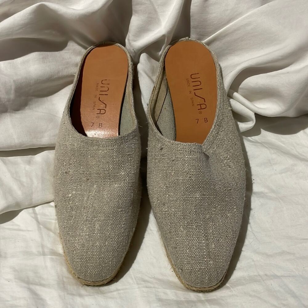 Unisa 7 tan linen slip on mule jute 1” wedge leather lined worn once